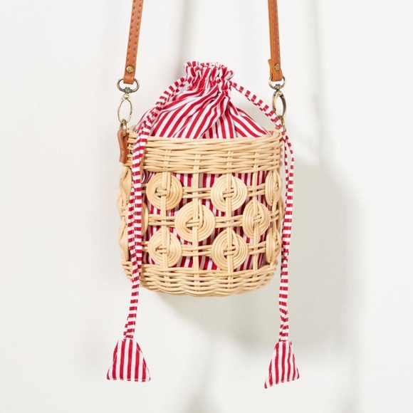 Anthropologie Raffia Bucket Bag Red White Straw Basket Purse NWOT - Picture 3 of 17